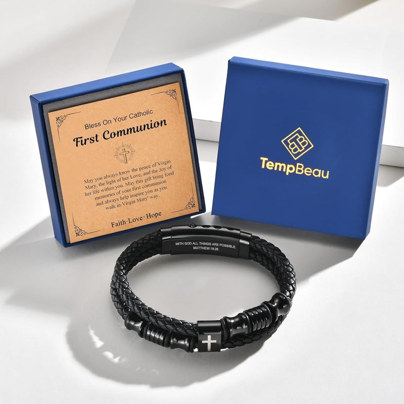 TempBeau Store Christian Black Leather Bracelet for Men - Double-Row Braided Leather Faith Cross Bracelets for Men Jewelry Gift Religious Baptism Easter Gifts for Young Men Teenage,Adjustable Wristband - Image 2
